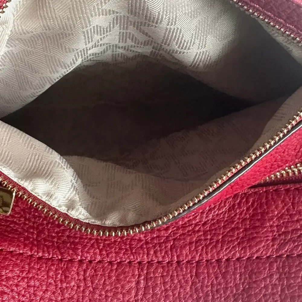 Michael Kors Fulton Hobo Dark Red Pebbled Leather Bag Gold Logo Slouchy Purse